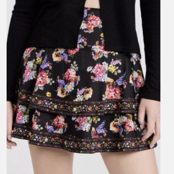 Alice + Olivia Marvis tiered floral-print cotton-blend mini black skirt sz 10 - Picture 3 of 5